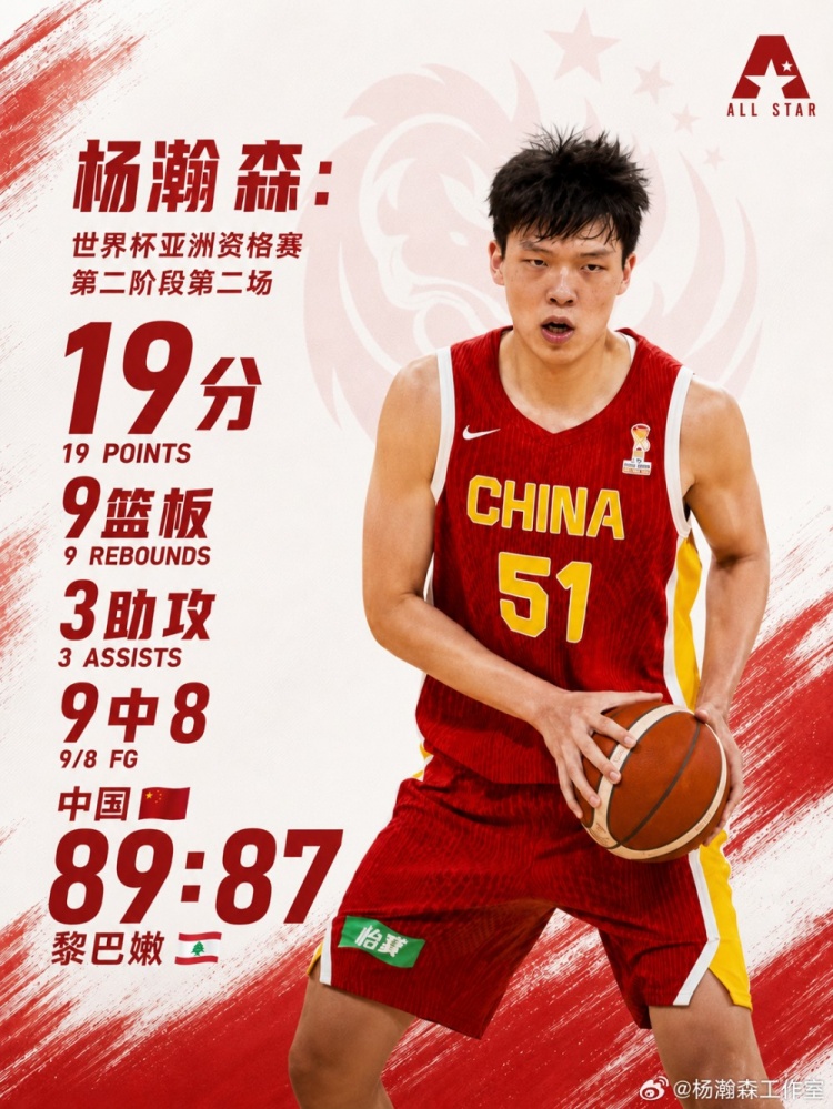 19分9板3助准绝杀！杨瀚森工作室：高效输出 用扎实表现扛起禁区
