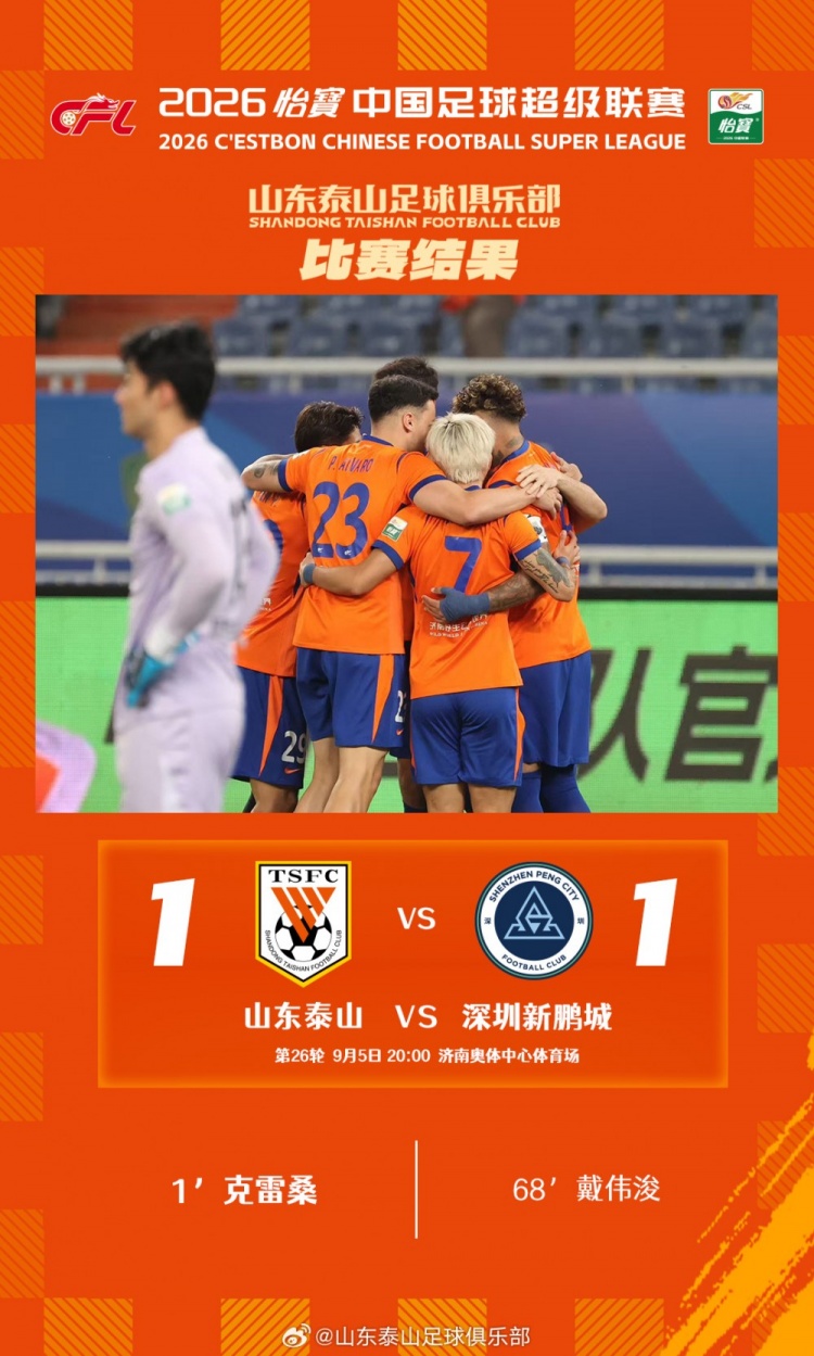 山东泰山主场1-1深圳新鹏城
